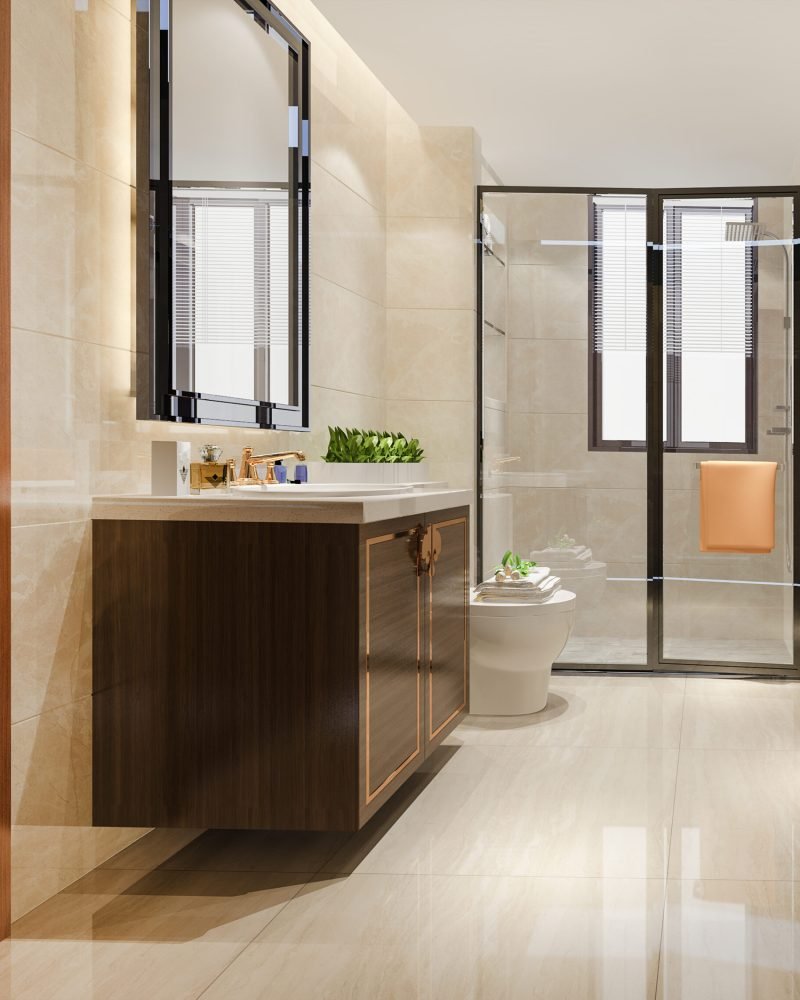 3d rendering modern wood and stone white bathroom